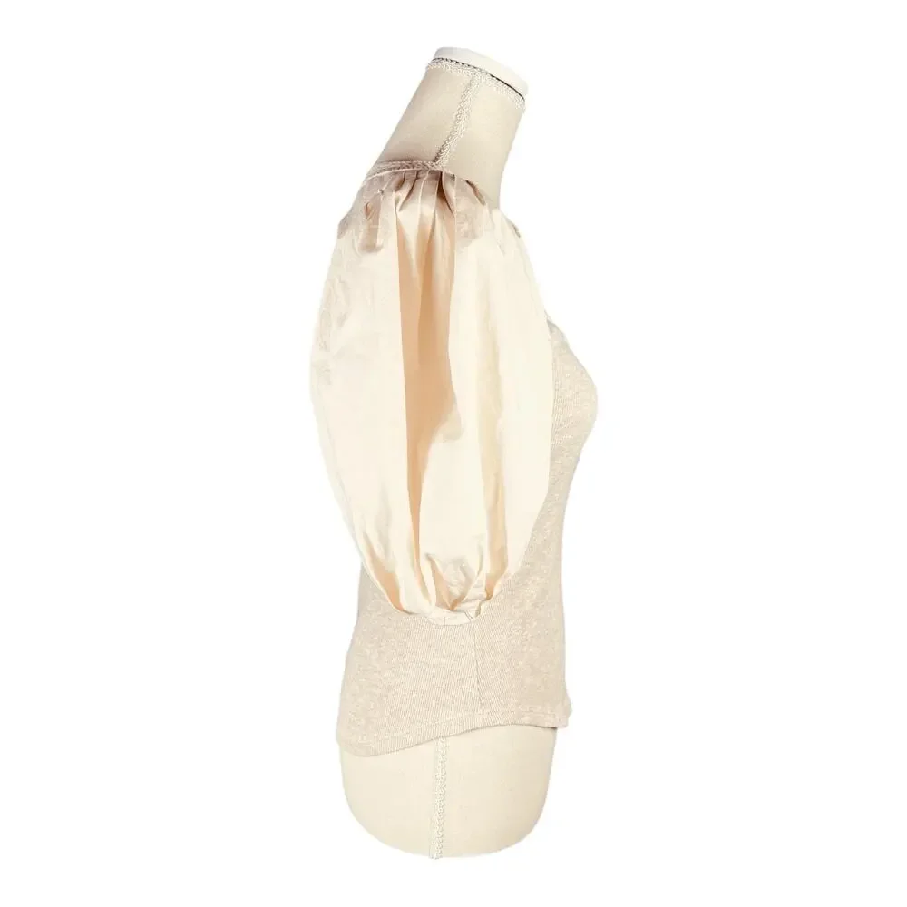 Ulla Johnson Janette Oatmeal Beige Cotton Ribbed Puff Short Sleeve Henley Top P